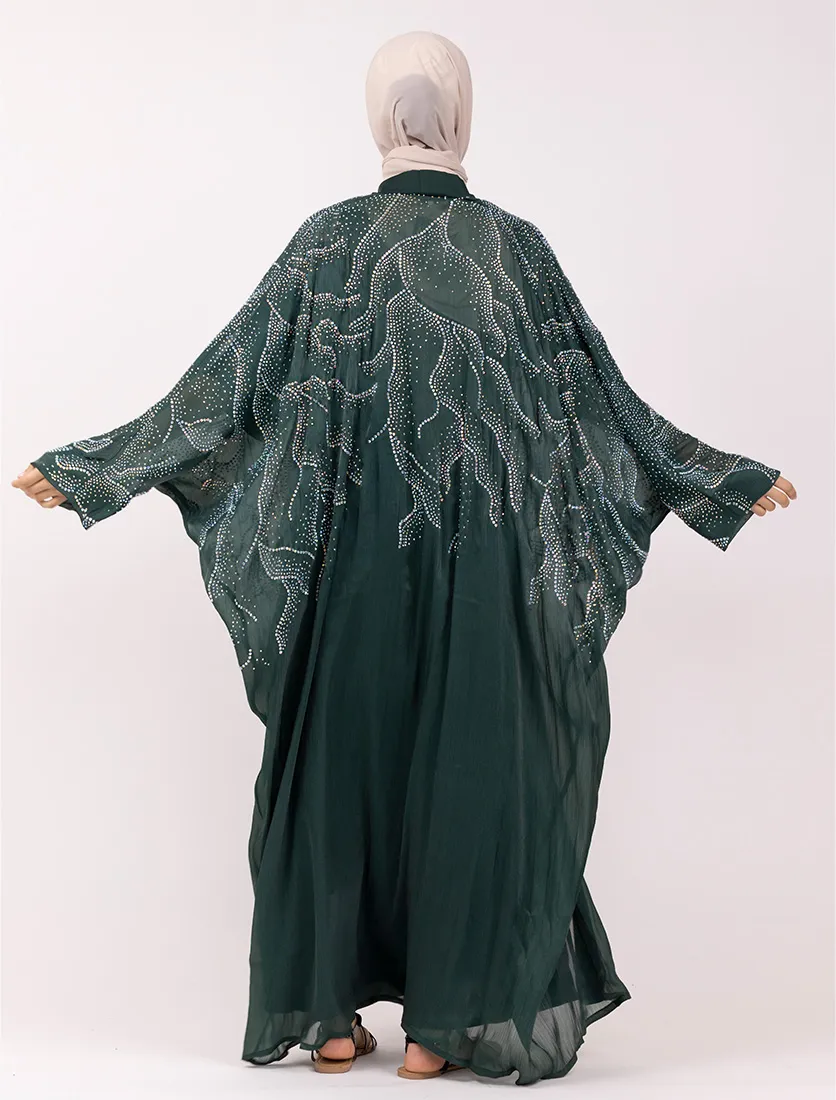 Green Crystal Embellished Sheer Overlay Abaya